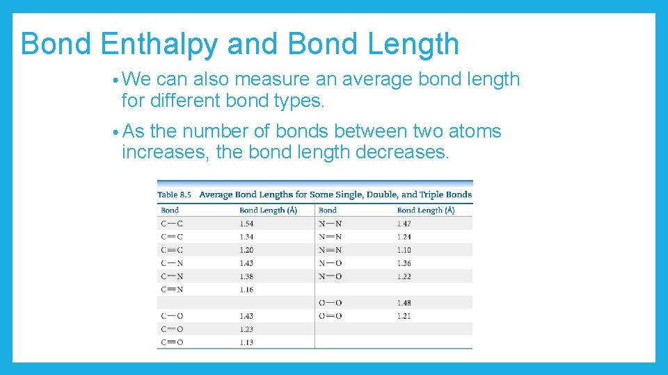 Bond Enthalpy and Bond Length • We can also measure an average bond length