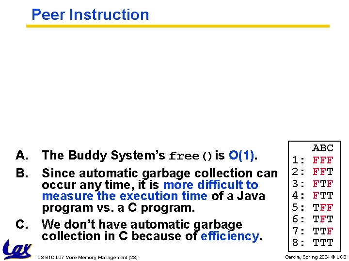 Peer Instruction A. B. C. The Buddy System’s free()is O(1). Since automatic garbage collection Peer Instruction A. B. C. The Buddy System’s free()is O(1). Since automatic garbage collection