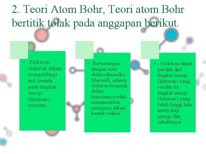 2. Teori Atom Bohr, Teori atom Bohr bertitik tolak pada anggapan berikut. • Elektronelektron