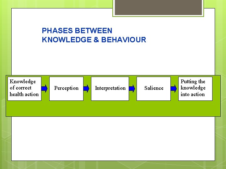 PHASES BETWEEN KNOWLEDGE & BEHAVIOUR Knowledge of correct health action Perception Interpretation Salience Putting
