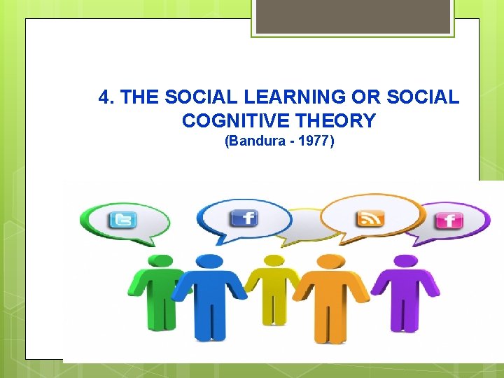 4. THE SOCIAL LEARNING OR SOCIAL COGNITIVE THEORY (Bandura - 1977) 