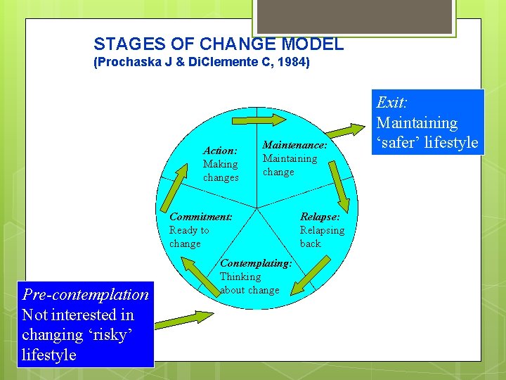 STAGES OF CHANGE MODEL (Prochaska J & Di. Clemente C, 1984) Action: Making changes