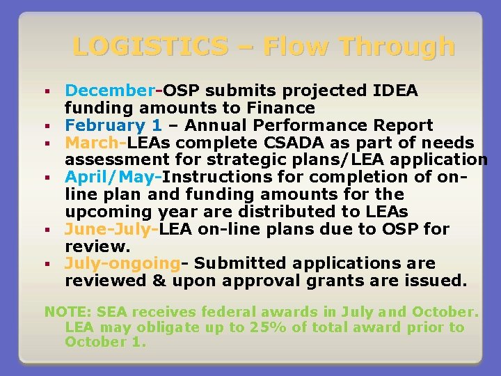 LOGISTICS – Flow Through § § § December-OSP submits projected IDEA December funding amounts