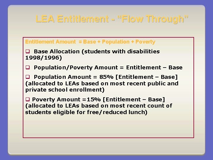 LEA Entitlement - “Flow Through” Entitlement Amount = Base + Population + Poverty q