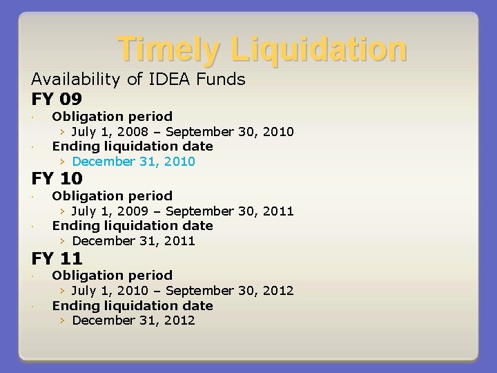 Timely Liquidation Availability of IDEA Funds FY 09 Obligation period › July 1, 2008
