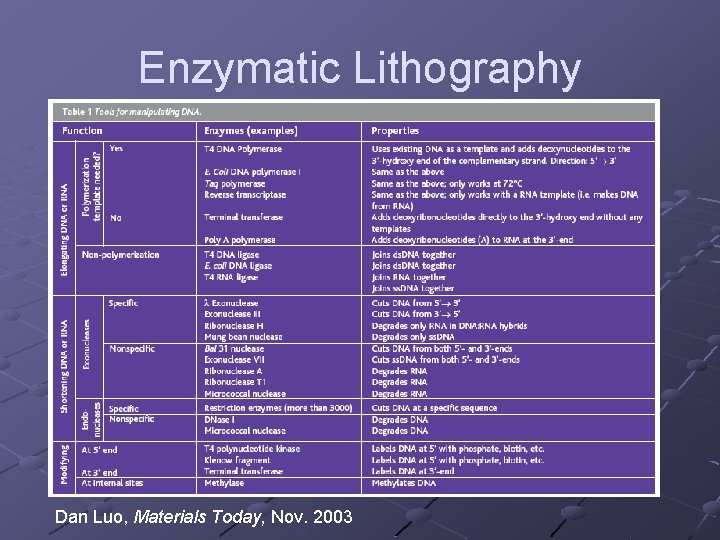 Enzymatic Lithography Dan Luo, Materials Today, Nov. 2003 