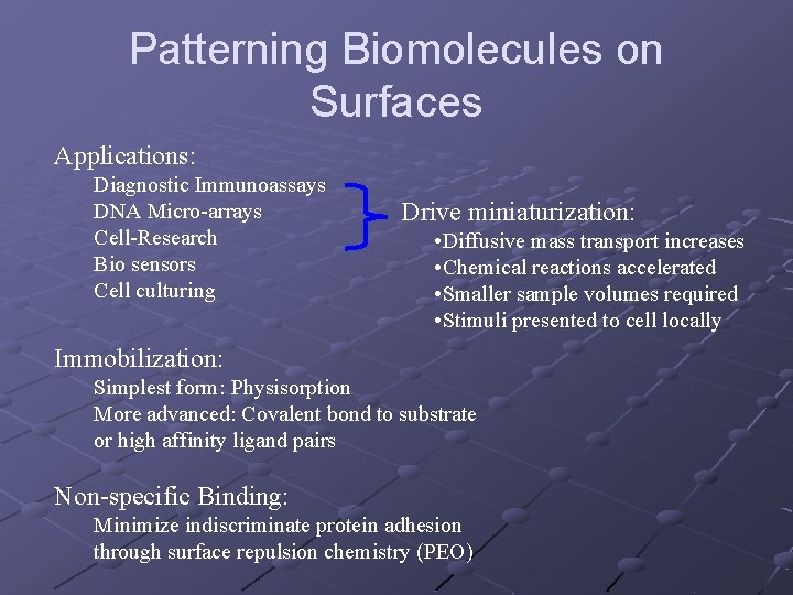 Patterning Biomolecules on Surfaces Applications: Diagnostic Immunoassays DNA Micro-arrays Cell-Research Bio sensors Cell culturing