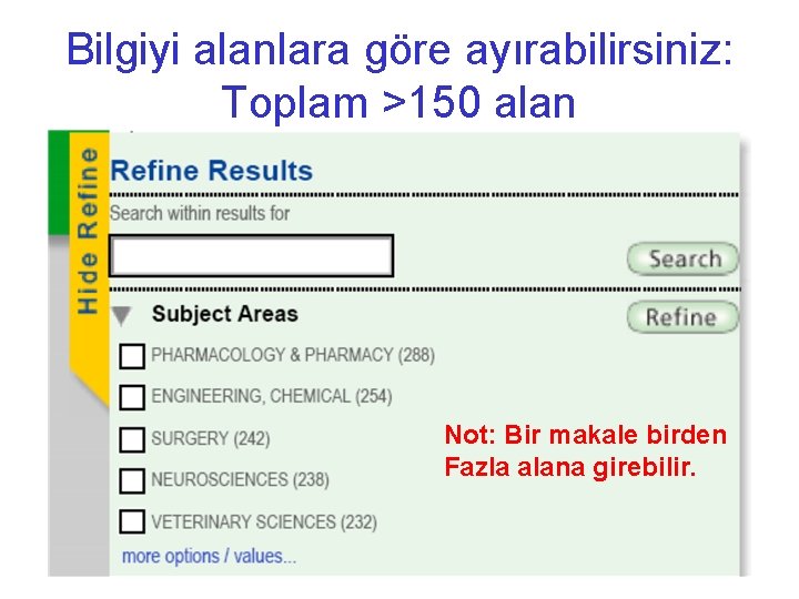 Bilgiyi alanlara göre ayırabilirsiniz: Toplam >150 alan Not: Bir makale birden Fazla alana girebilir.