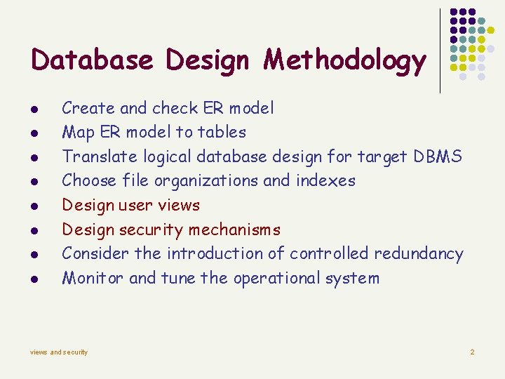 Database Design Methodology l l l l Create and check ER model Map ER