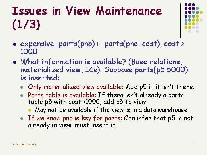 Issues in View Maintenance (1/3) l l expensive_parts(pno) : - parts(pno, cost), cost >