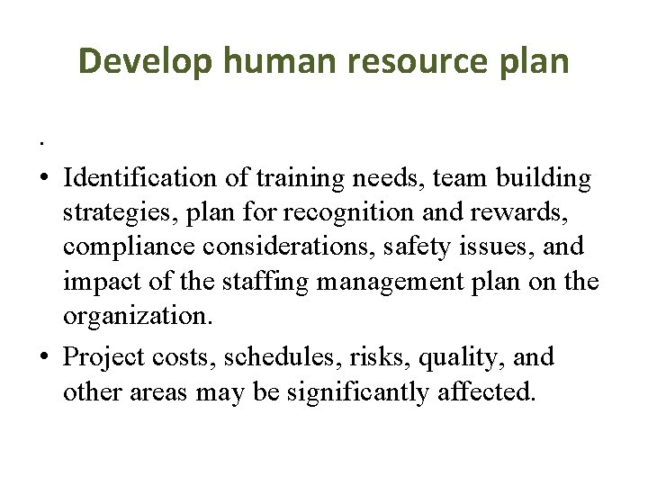 Develop human resource plan. • Identification of training needs, team building strategies, plan for