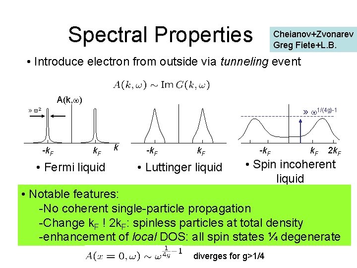 Spectral Properties Cheianov+Zvonarev Greg Fiete+L. B. • Introduce electron from outside via tunneling event