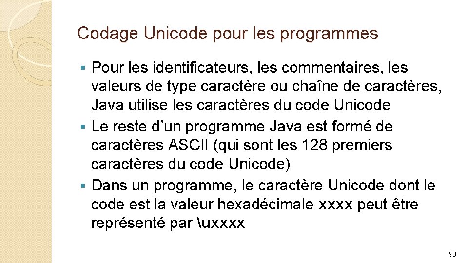 Codage Unicode pour les programmes Pour les identificateurs, les commentaires, les valeurs de type