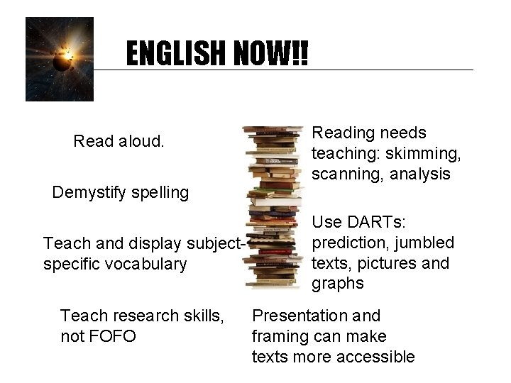 ENGLISH NOW!! Read aloud. Demystify spelling Teach and display subjectspecific vocabulary Teach research skills,