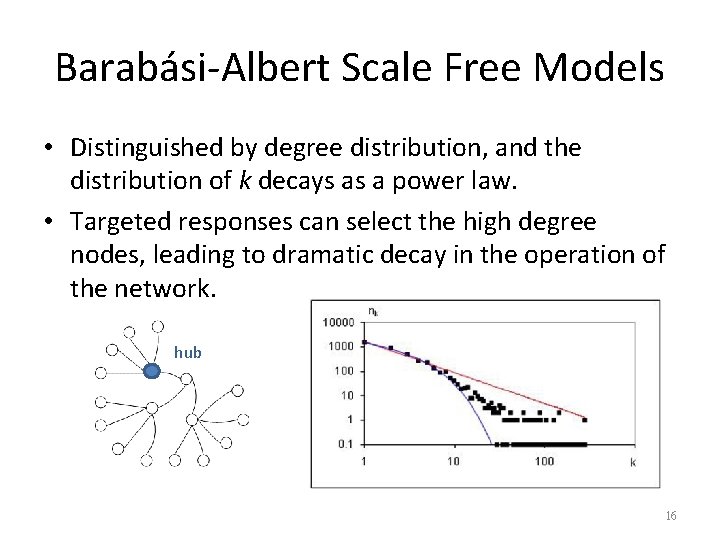 Barabási-Albert Scale Free Models • Distinguished by degree distribution, and the distribution of k