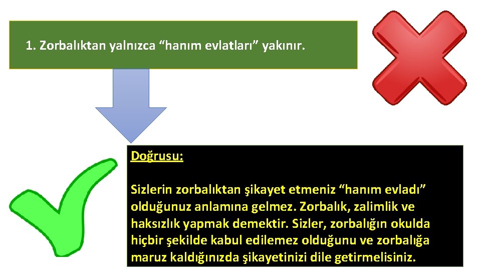 1. Zorbalıktan yalnızca “hanım evlatları” yakınır. Doğrusu: Sizlerin zorbalıktan şikayet etmeniz “hanım evladı” olduğunuz