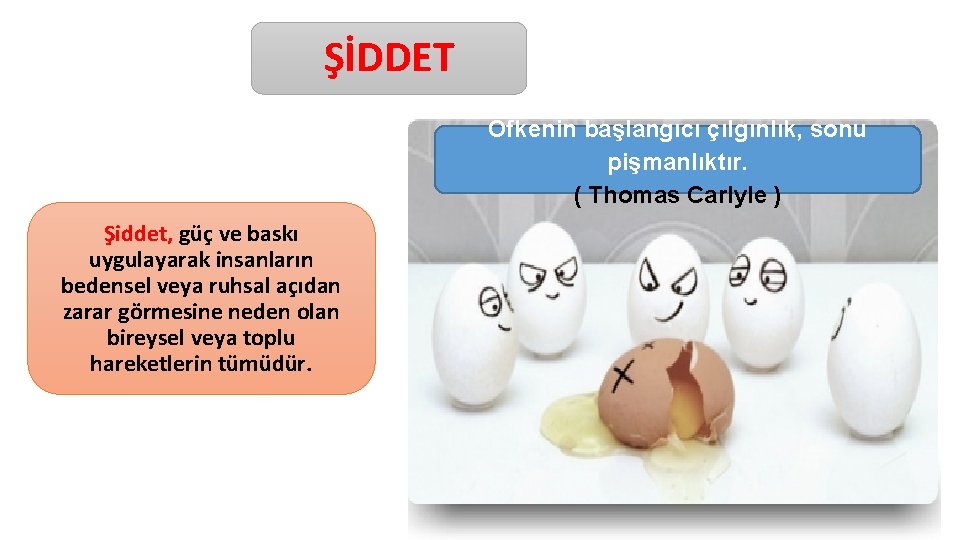 ŞİDDET Öfkenin başlangıcı çılgınlık, sonu pişmanlıktır. ( Thomas Carlyle ) Şiddet, güç ve baskı