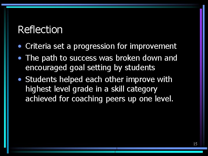 Reflection • Criteria set a progression for improvement • The path to success was