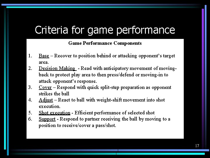 Criteria for game performance Game Performance Components 1. 2. 3. 4. 5. 6. Base