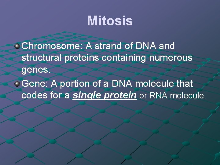Mitosis Chromosome: A strand of DNA and structural proteins containing numerous genes. Gene: A