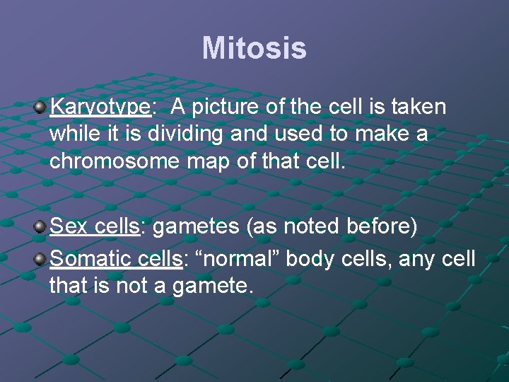 Mitosis Karyotype: A picture of the cell is taken while it is dividing and