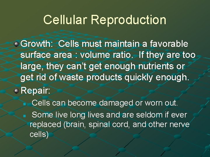 Cellular Reproduction Growth: Cells must maintain a favorable surface area : volume ratio. If