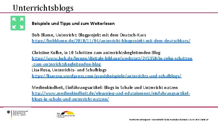 Unterrichtsblogs Beispiele und Tipps und zum Weiterlesen Bob Blume, Unterricht: Blogprojekt mit dem Deutsch-Kurs