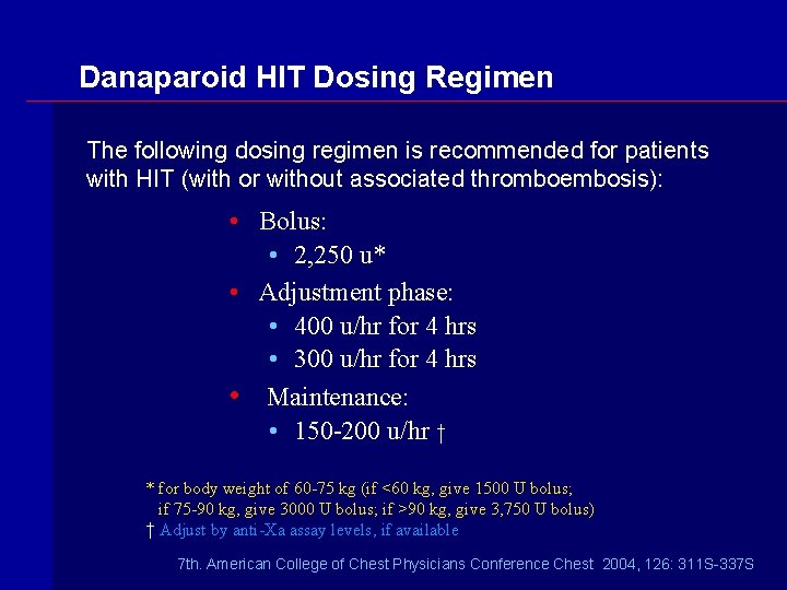 Danaparoid HIT Dosing Regimen The following dosing regimen is recommended for patients with HIT