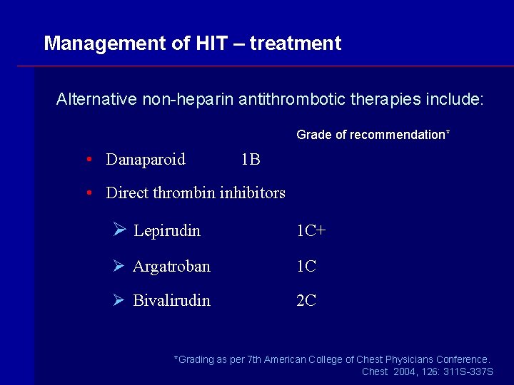 Management of HIT – treatment Alternative non-heparin antithrombotic therapies include: Grade of recommendation* •
