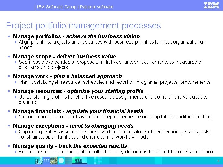IBM Software Group | Rational software Project portfolio management processes § Manage portfolios -