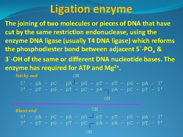 Ligation enzyme The joining of two molecules or pieces of DNA that have cut