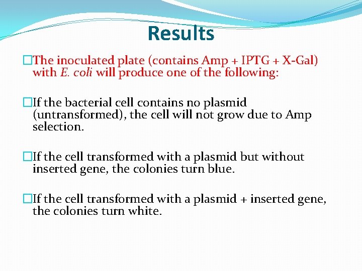 Results �The inoculated plate (contains Amp + IPTG + X-Gal) with E. coli will