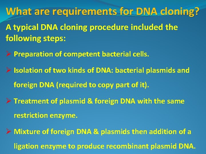 What are requirements for DNA cloning? A typical DNA cloning procedure included the following