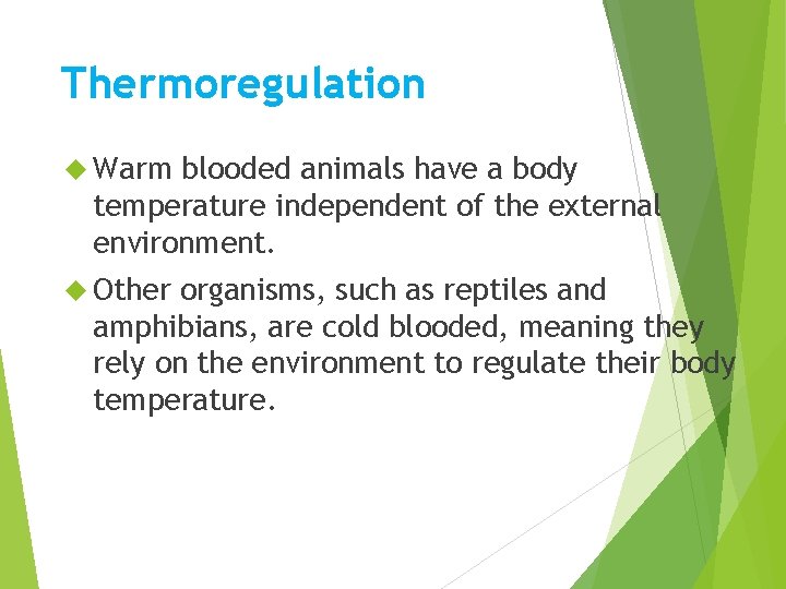 Thermoregulation Warm blooded animals have a body temperature independent of the external environment. Other