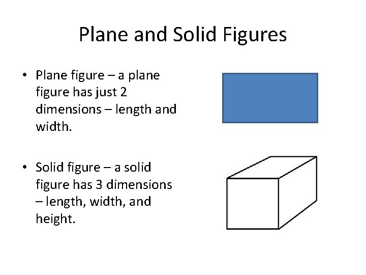 Plane and Solid Figures • Plane figure – a plane figure has just 2