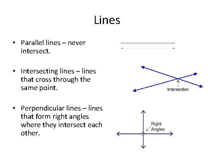 Lines • Parallel lines – never intersect. • Intersecting lines – lines that cross