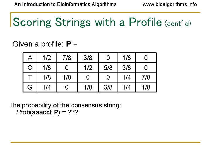An Introduction to Bioinformatics Algorithms www. bioalgorithms. info Scoring Strings with a Profile (cont’d) An Introduction to Bioinformatics Algorithms www. bioalgorithms. info Scoring Strings with a Profile (cont’d)