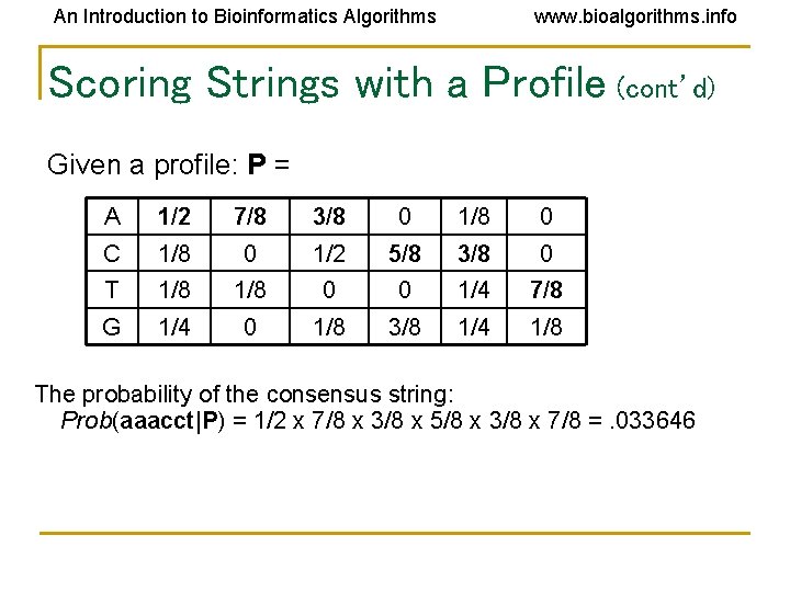 An Introduction to Bioinformatics Algorithms www. bioalgorithms. info Scoring Strings with a Profile (cont’d) An Introduction to Bioinformatics Algorithms www. bioalgorithms. info Scoring Strings with a Profile (cont’d)