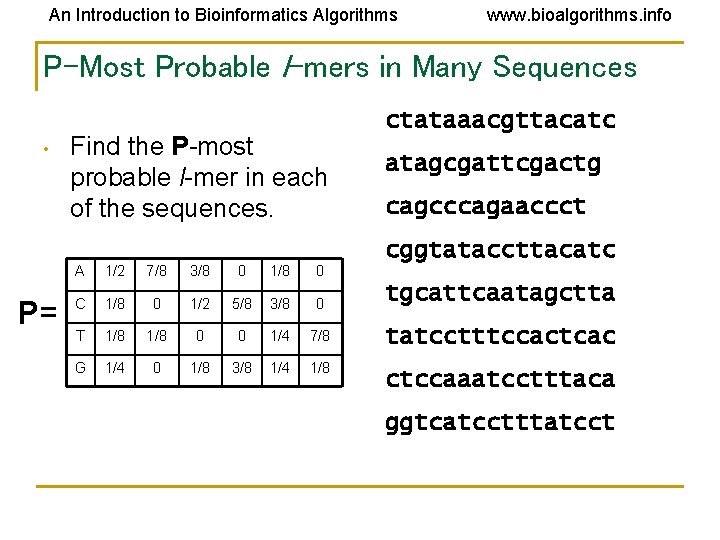 An Introduction to Bioinformatics Algorithms www. bioalgorithms. info P-Most Probable l-mers in Many Sequences An Introduction to Bioinformatics Algorithms www. bioalgorithms. info P-Most Probable l-mers in Many Sequences