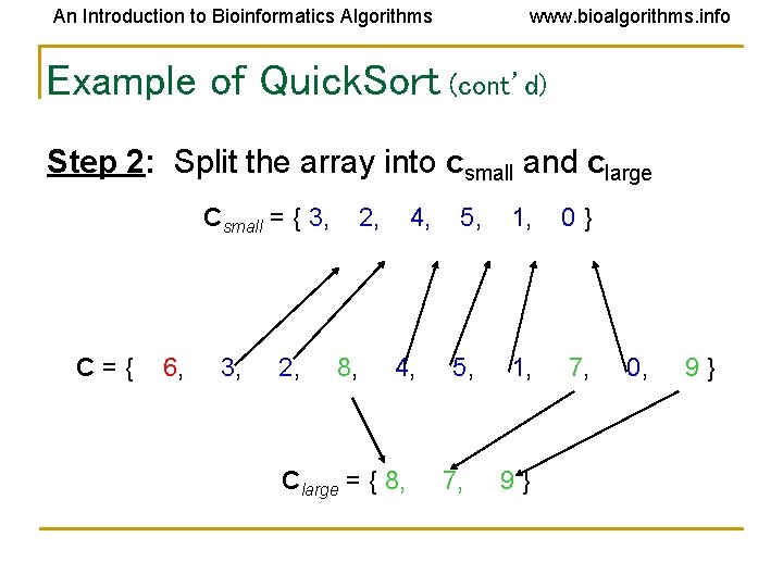 An Introduction to Bioinformatics Algorithms www. bioalgorithms. info Example of Quick. Sort (cont’d) Step An Introduction to Bioinformatics Algorithms www. bioalgorithms. info Example of Quick. Sort (cont’d) Step