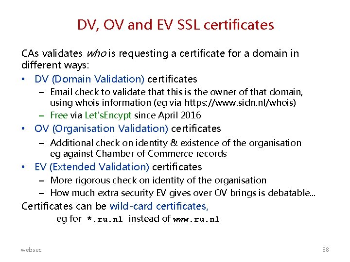 DV, OV and EV SSL certificates CAs validates who is requesting a certificate for