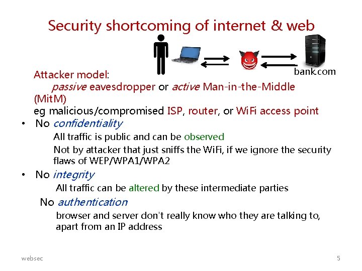 Security shortcoming of internet & web bank. com Attacker model: passive eavesdropper or active