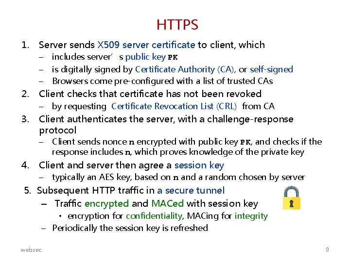 HTTPS 1. Server sends X 509 server certificate to client, which – includes server’s