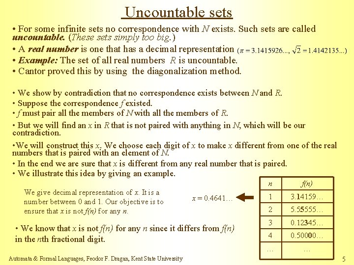 Uncountable sets • For some infinite sets no correspondence with N exists. Such sets