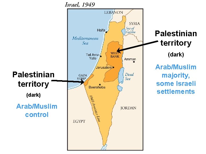 Palestinian territory (dark) Arab/Muslim control Arab/Muslim majority, some Israeli settlements 