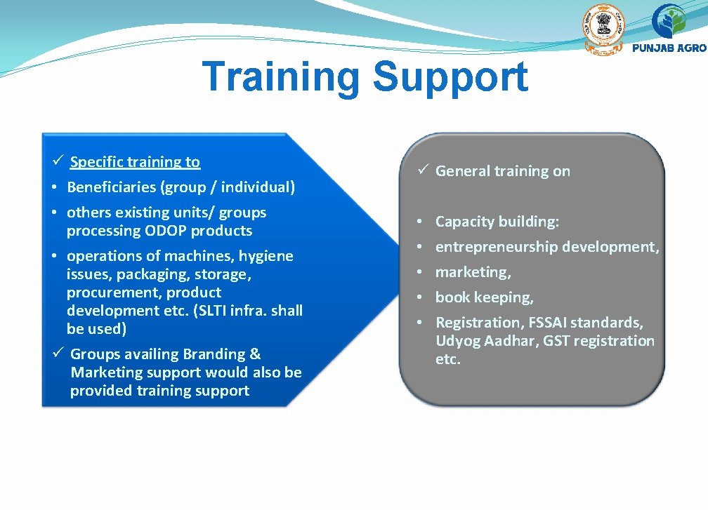 Training Support ü Specific training to • Beneficiaries (group / individual) • others existing