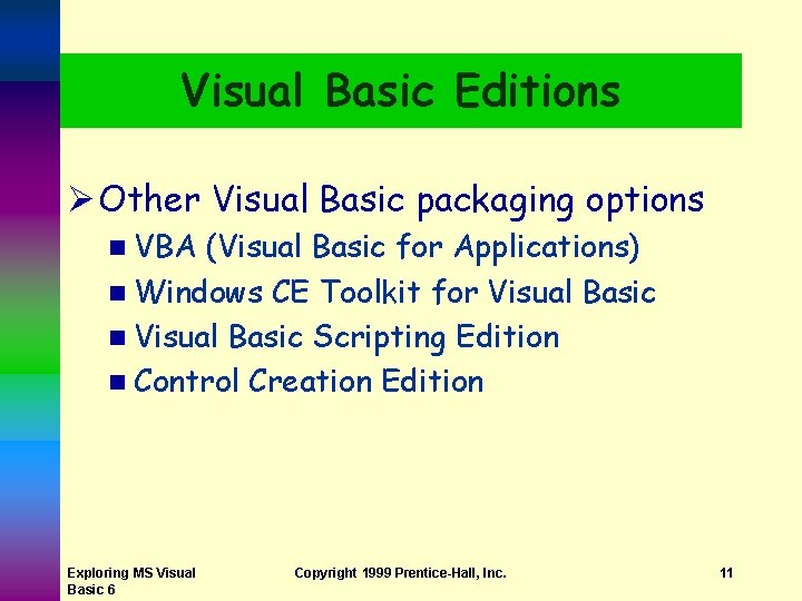 Visual Basic Editions Ø Other Visual Basic packaging options n VBA (Visual Basic for