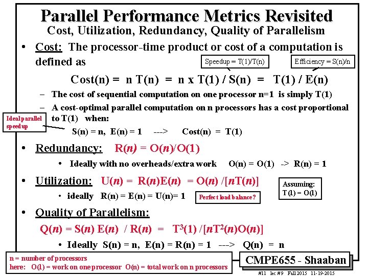 Parallel Performance Metrics Revisited Cost, Utilization, Redundancy, Quality of Parallelism • Cost: The processor-time