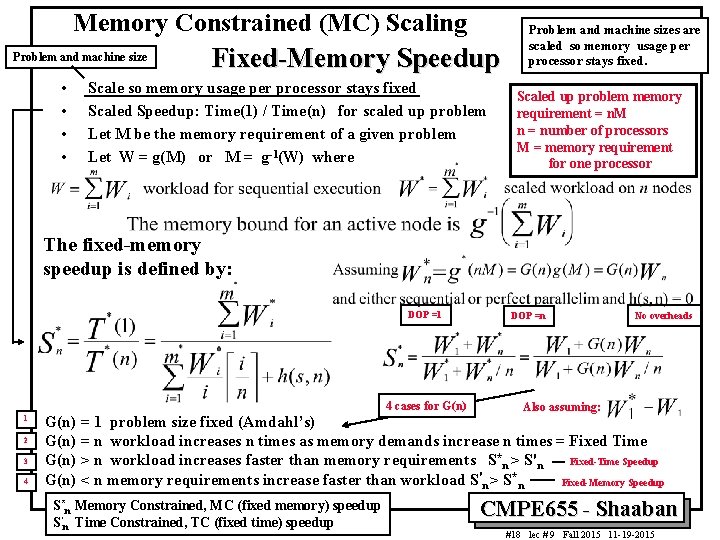 Memory Constrained (MC) Scaling Problem and machine size • • Fixed-Memory Speedup Scale so