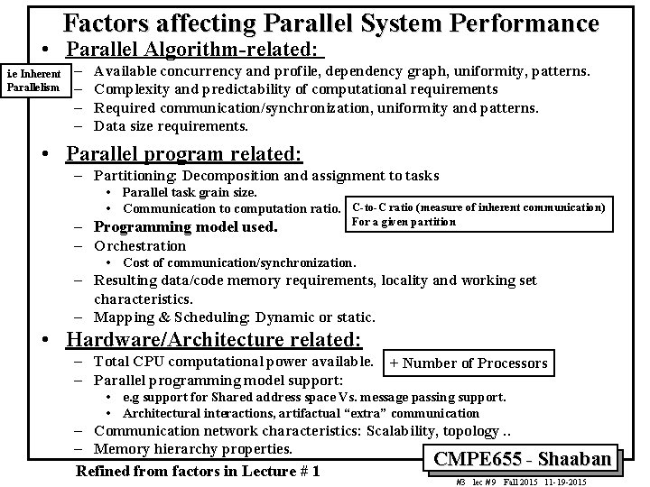 Factors affecting Parallel System Performance • Parallel Algorithm-related: i. e Inherent Parallelism – –